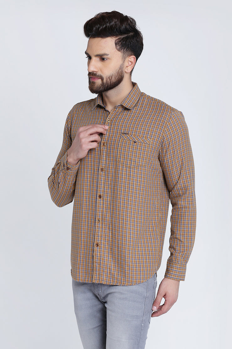 Brown Cotton Window Checks Pattern Slim Fit Shirt