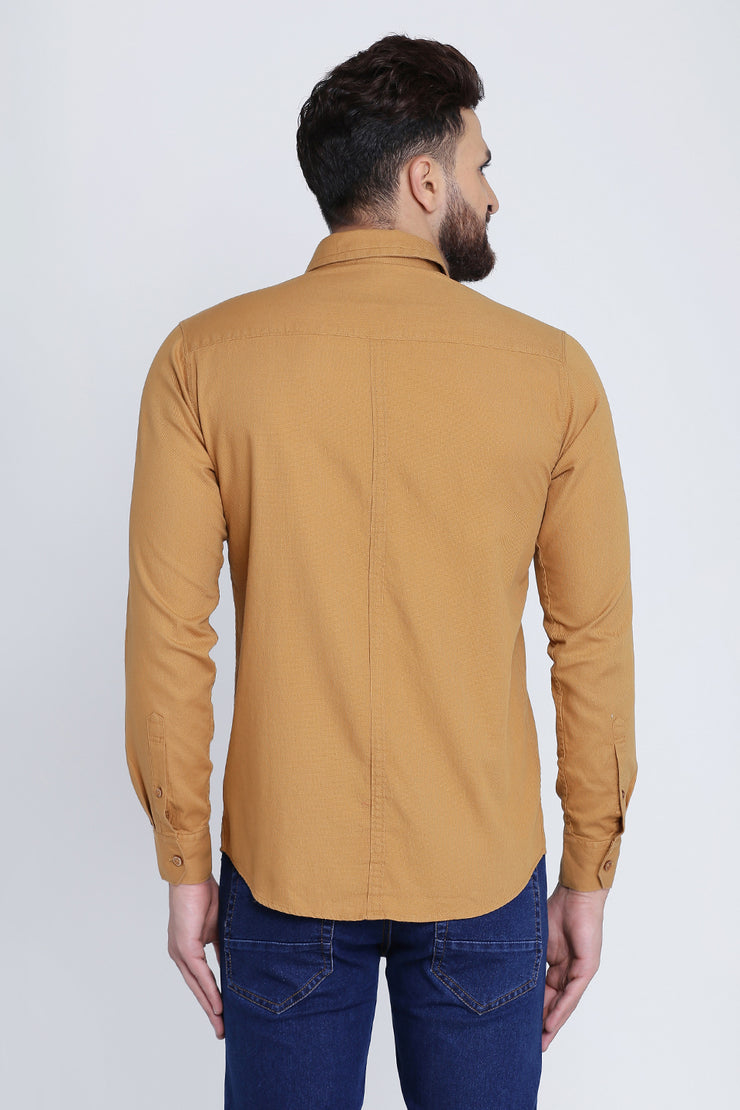 Beige Cotton Plain Spread Collar Slim Fit Shirt
