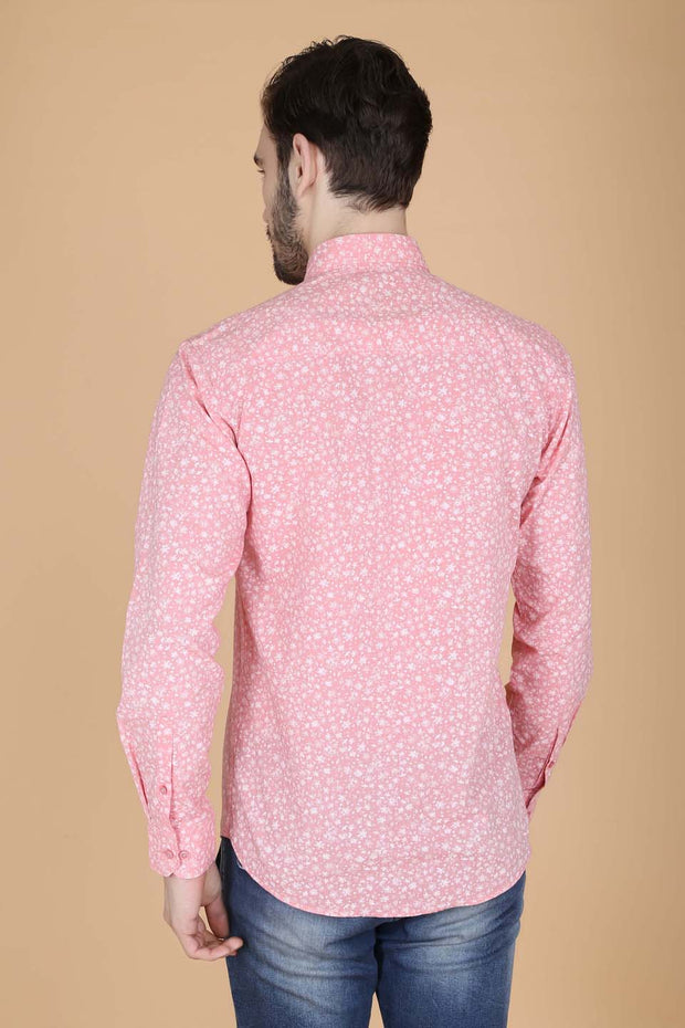 Light Pink Cotton Printed Full Sleeves Slim Fit Shirt