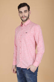 Light Pink Cotton Printed Full Sleeves Slim Fit Shirt