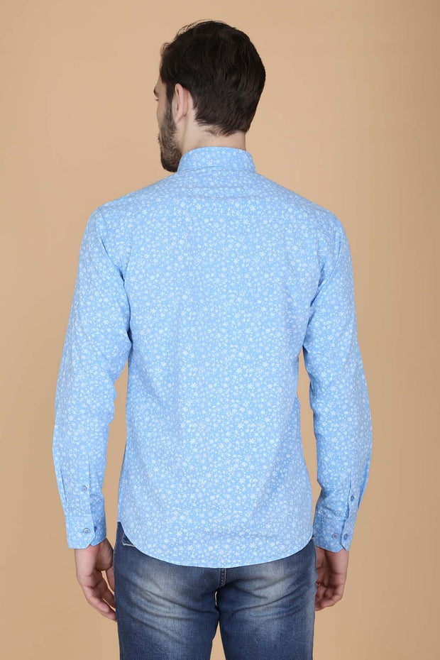 Light Blue Cotton Printed Full Sleeves Slim Fit Shirt