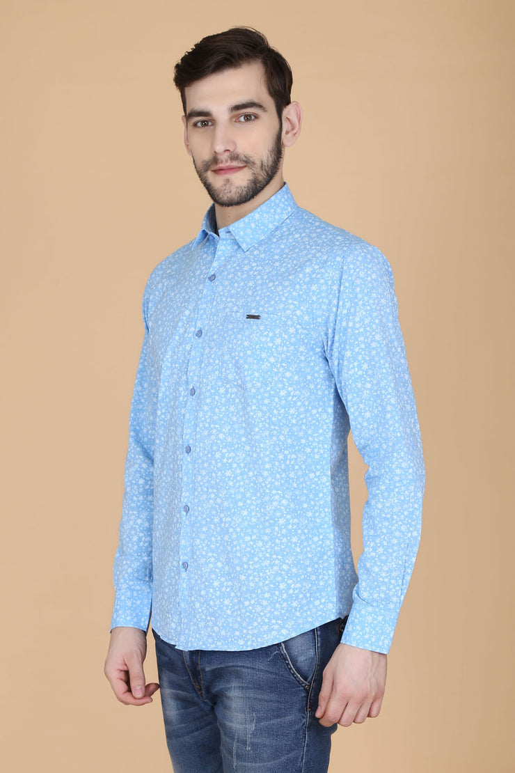 Light Blue Cotton Printed Full Sleeves Slim Fit Shirt