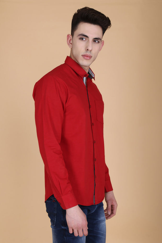 Red Cotton Plain Long Sleeves Slim Fit Shirt