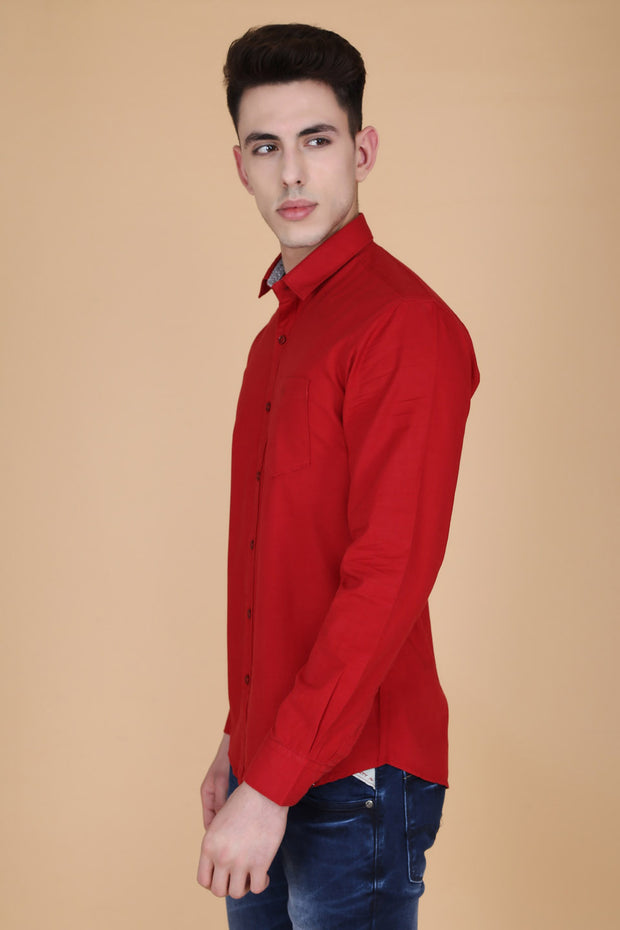 Red Cotton Plain Long Sleeves Slim Fit Shirt