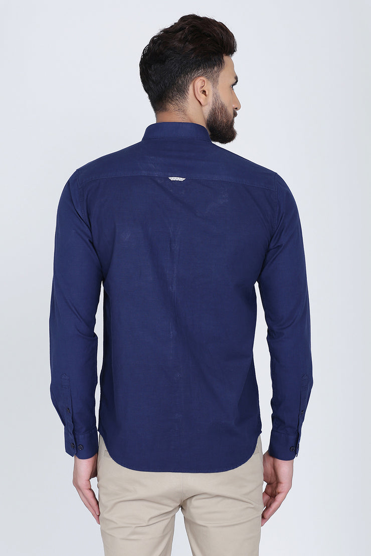 Navy Blue Cotton Plain Long Sleeves Slim Fit Shirt