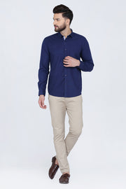 Navy Blue Cotton Plain Long Sleeves Slim Fit Shirt