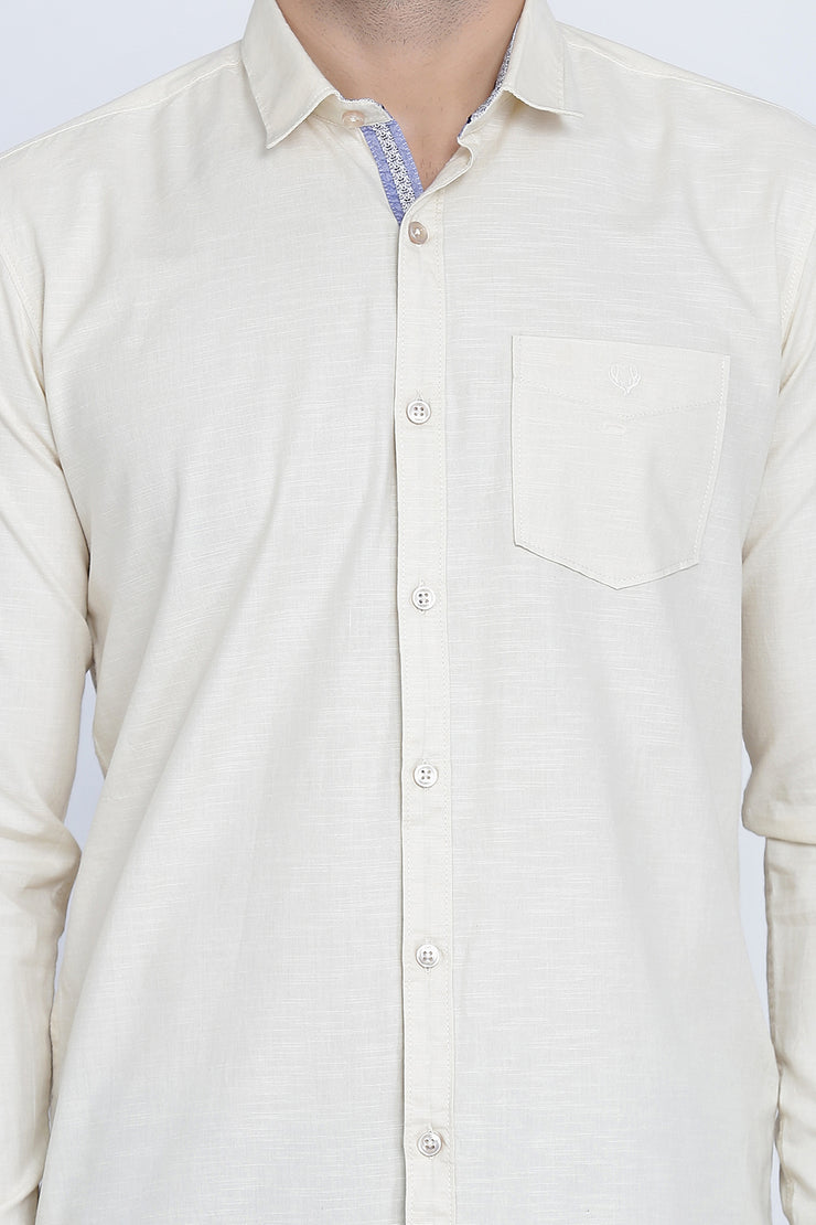 Cream Cotton Plain Long Sleeves Slim Fit Shirt