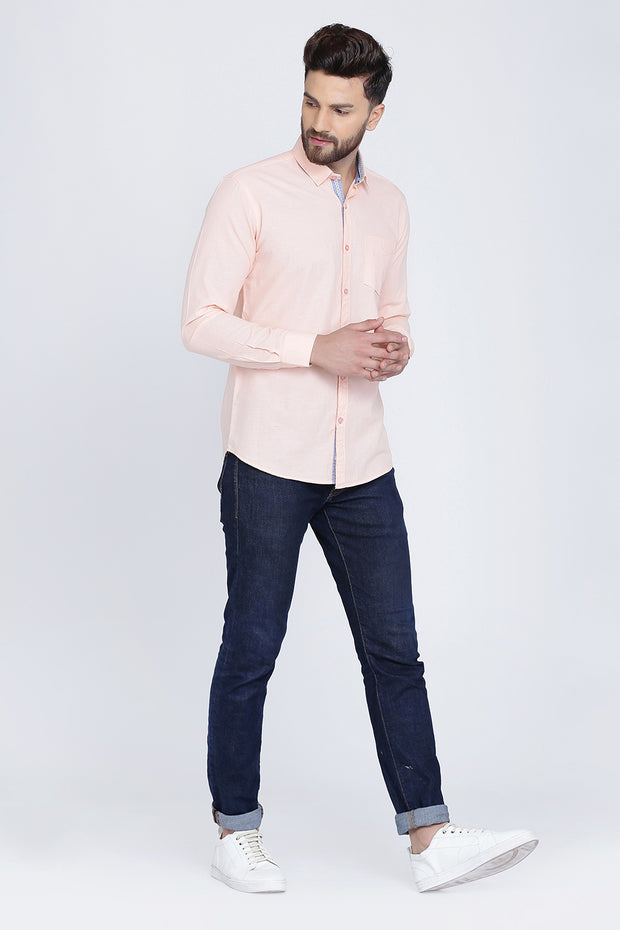 Light Pink Cotton Plain Long Sleeves Slim Fit Shirt