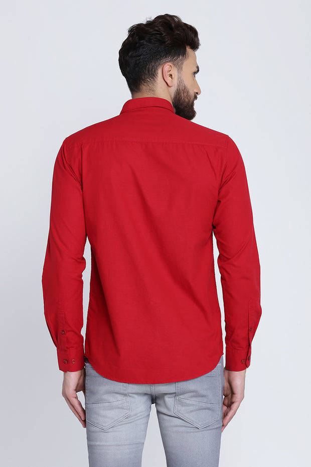 Red Cotton Plain Full Sleeves Slim Fit Shirt
