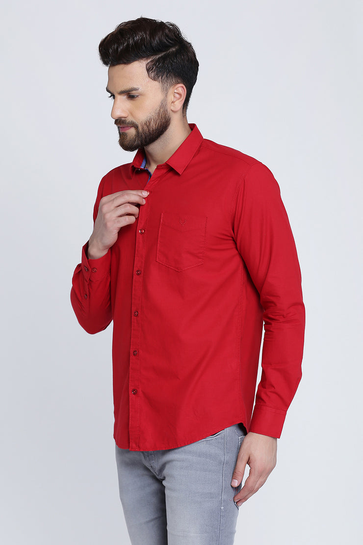 Red Cotton Plain Full Sleeves Slim Fit Shirt