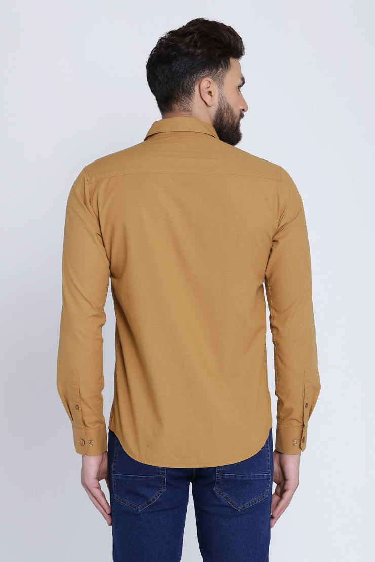 Tan Cotton Plain Full Sleeves Slim Fit Shirt
