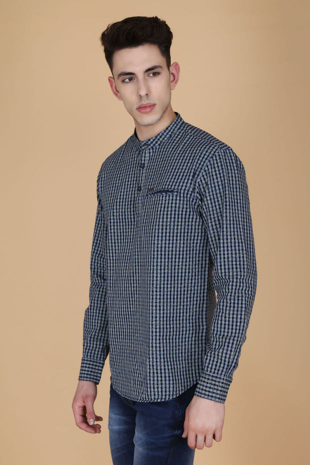 Navy Blue and Yellow Cotton Checks Casual Full Sleeves Shirt