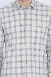 White Cotton Checks Print Spread Collar Slim Fit Shirt
