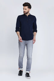 Solid Navy Blue Cotton Slim Fit Casual Shirt