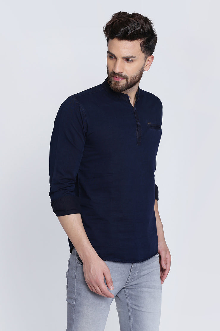 Solid Navy Blue Cotton Slim Fit Casual Shirt
