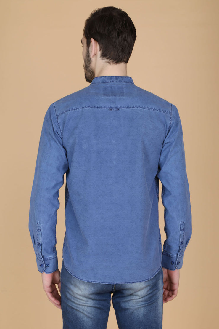 Blue Cotton Plain Mandarin Collar Slim Fit Shirt