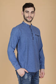 Blue Cotton Plain Mandarin Collar Slim Fit Shirt