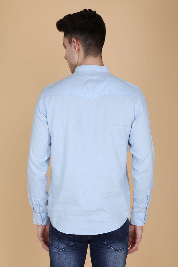 Solid Light Blue Cotton Slim Fit Mandarin Collar Shirt