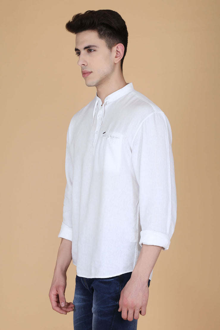 Solid White Cotton Slim Fit Mandarin Collar Shirt