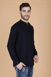 Solid Black Cotton Slim Fit Mandarin Collar Shirt