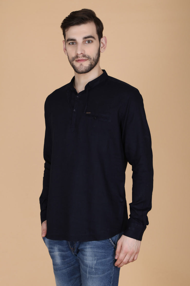 Solid Black Cotton Slim Fit Mandarin Collar Shirt