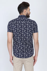 Navy Blue Cotton Leaf Print Slim Fit Casual Shirt