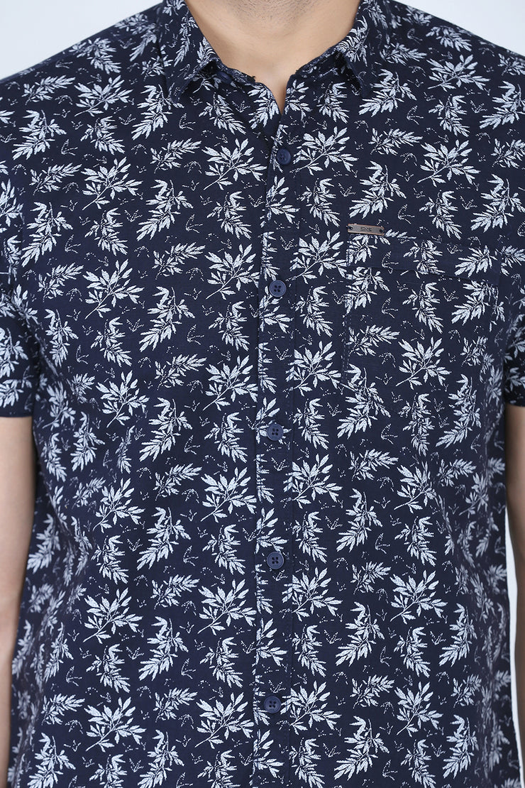 Navy Blue Cotton Leaf Print Slim Fit Casual Shirt