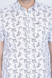 White Cotton Leaf Print Slim Fit Casual Shirt