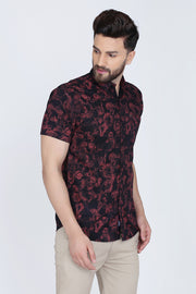 Black & Maroon Cotton Abstract Print Slim Fit Casual Shirt