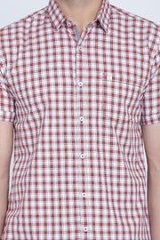 Red Cotton Checks Half Sleeves Slim Fit Shirt