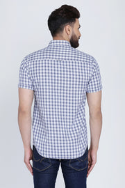 Blue Cotton Checks Half Sleeves Slim Fit Shirt