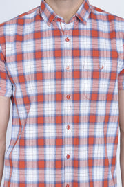 Orange Cotton Checks Half Sleeves Slim Fit Shirt
