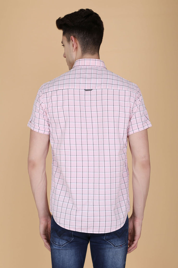 Pink Cotton Window Checks Print Slim Fit Shirt