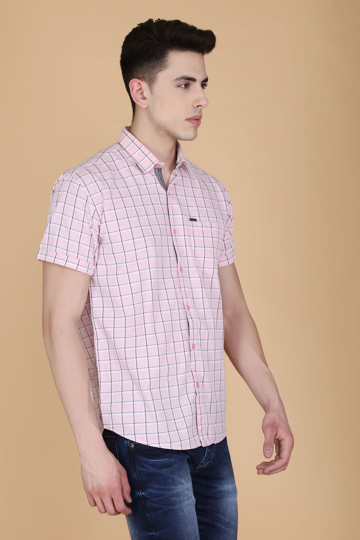 Pink Cotton Window Checks Print Slim Fit Shirt