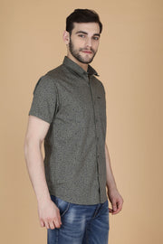 Olive Cotton Printed Slim Fit Casual Shirt