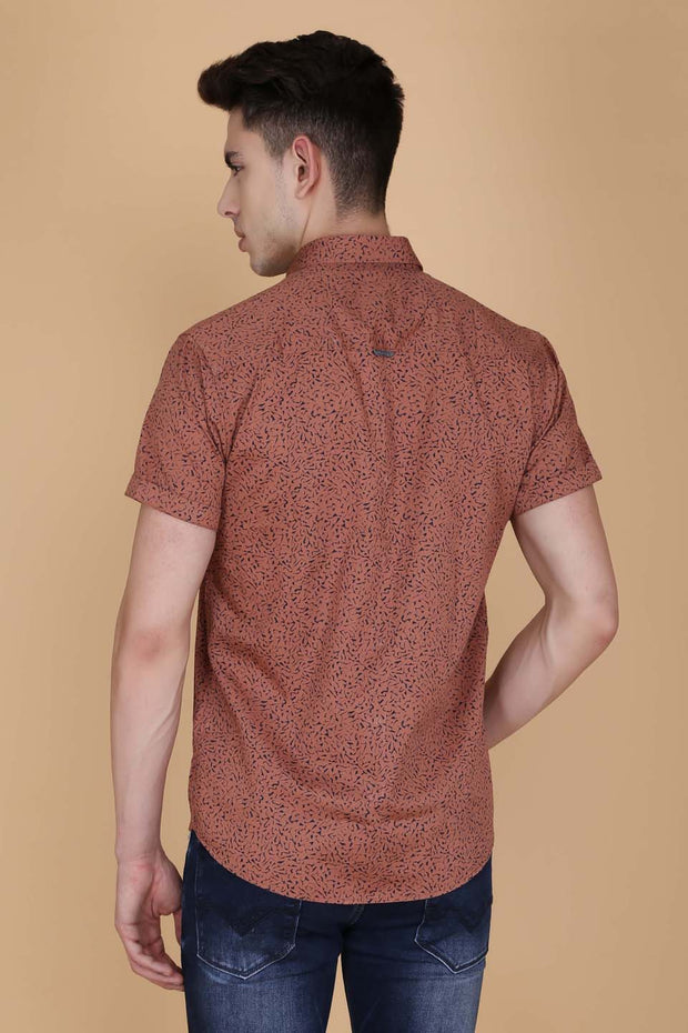 Brown Cotton Printed Slim Fit Casual Shirt