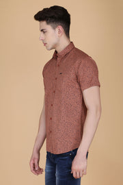Brown Cotton Printed Slim Fit Casual Shirt