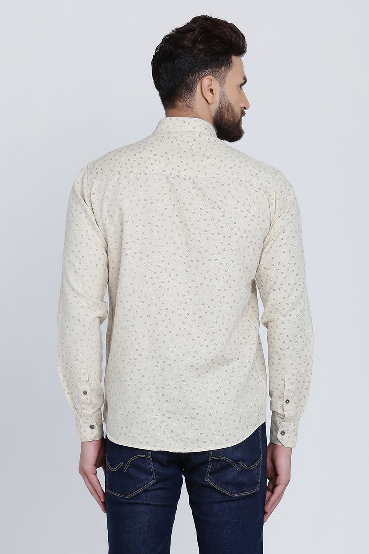 Beige Cotton Print Smart Fit Casual Shirt