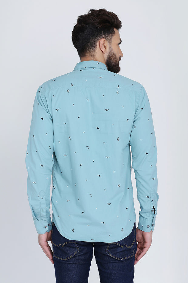 Turquoise Cotton Print Slim Fit Casual Shirt