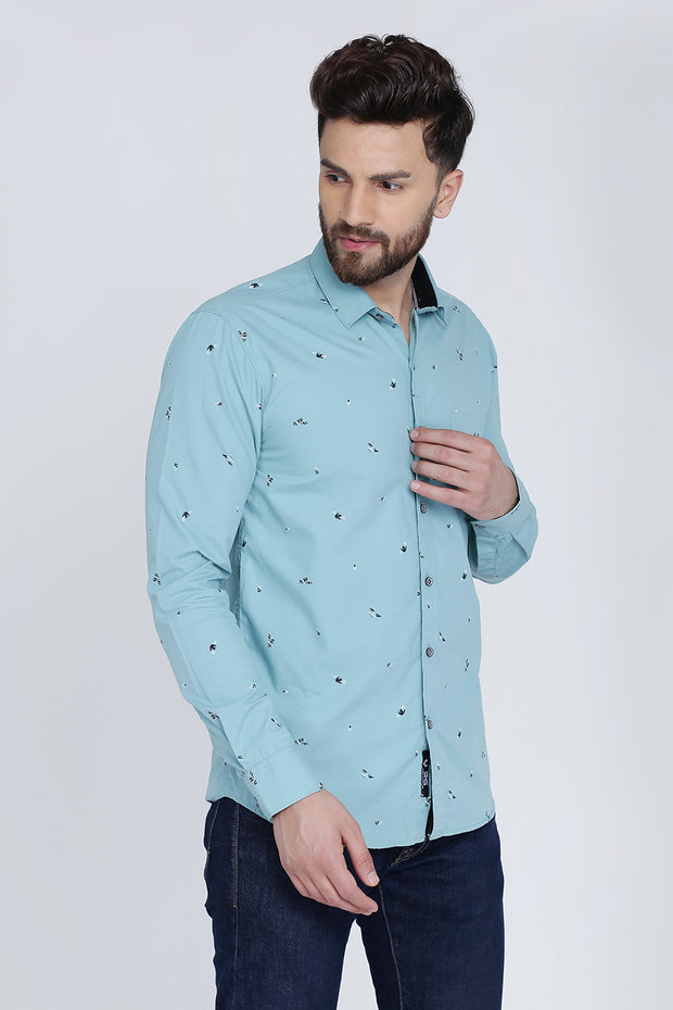 Turquoise Cotton Print Slim Fit Casual Shirt