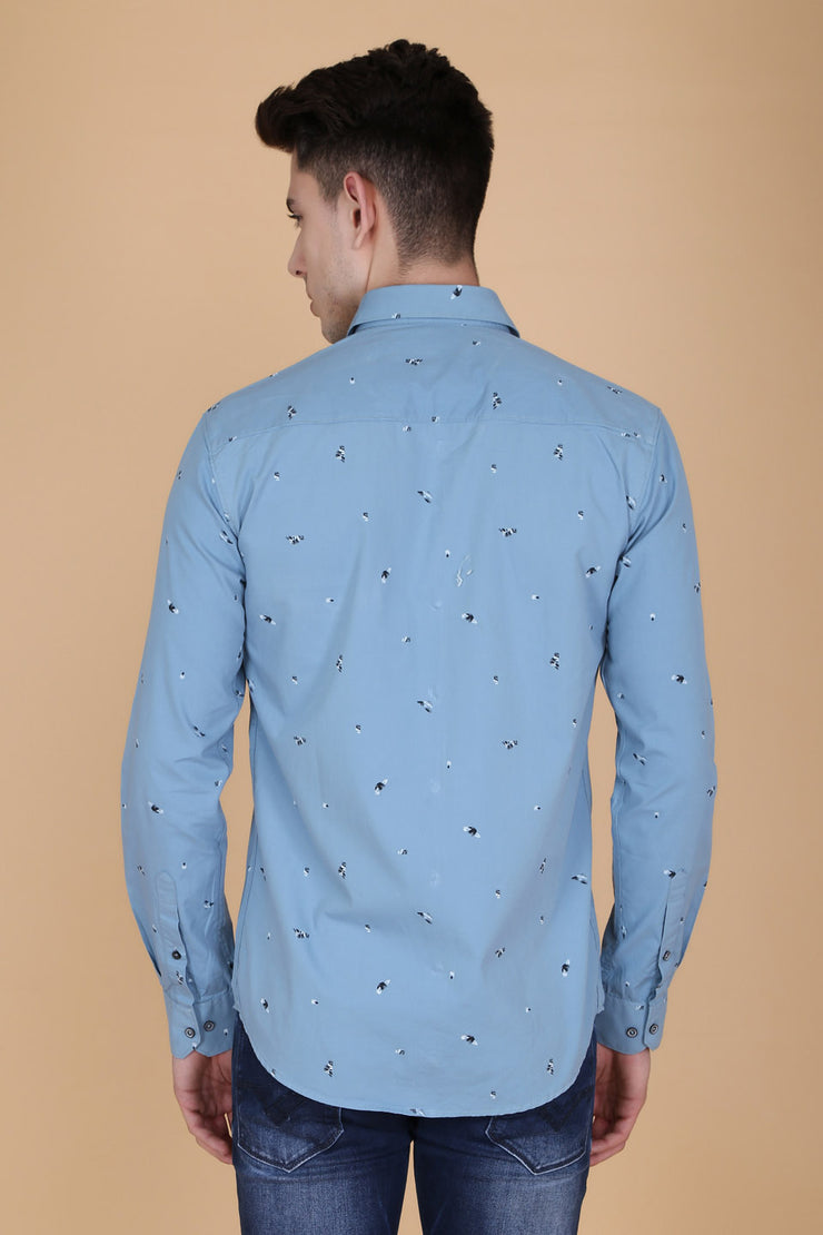 Blue Grey Cotton Print Casual Shirt