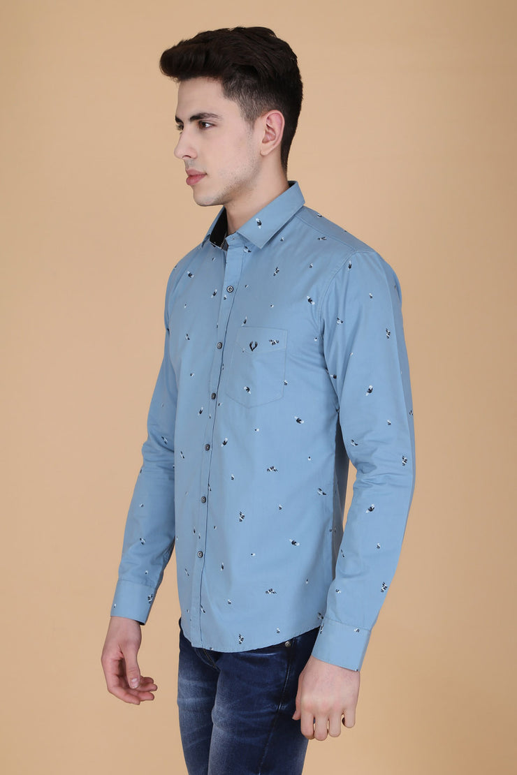 Blue Grey Cotton Print Casual Shirt