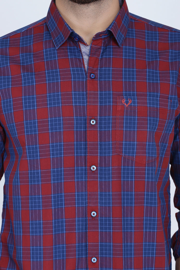 Red Cotton Plaids Spread Collar Slim Fit Shirt