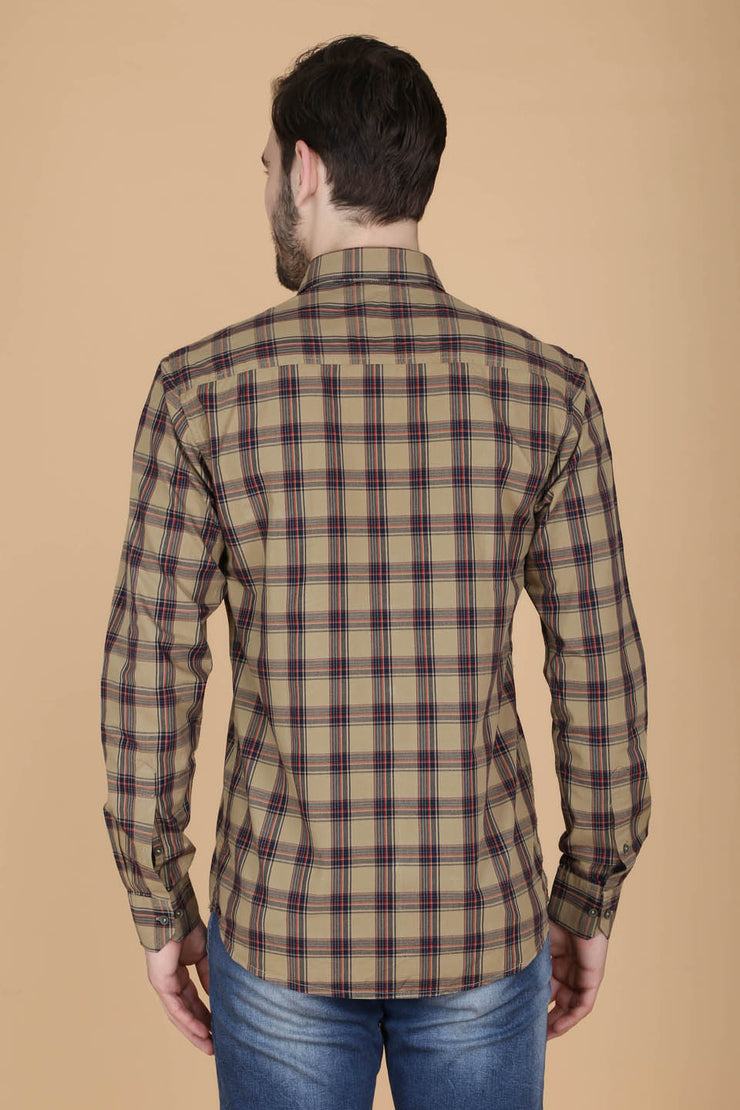 Khaki Cotton Plaids Spread Collar Full Sleeves Shirt