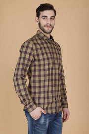 Khaki Cotton Plaids Spread Collar Full Sleeves Shirt