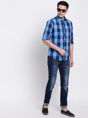 Cotton Checkered Blue Casual Full Sleeves Shirt