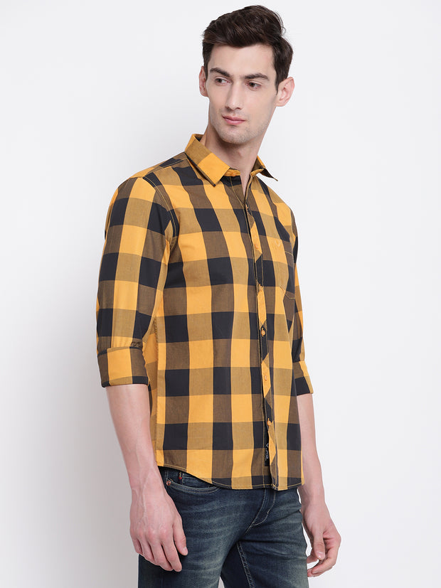 Cotton Checkered Yellow Casual Full Sleeves Shirt
