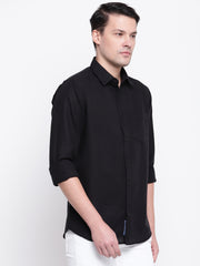 Black Solid Spread Collar Cotton Linen Shirt
