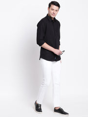 Black Solid Spread Collar Cotton Linen Shirt