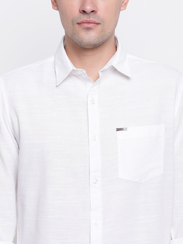 White Solid Spread Collar Cotton Linen Shirt